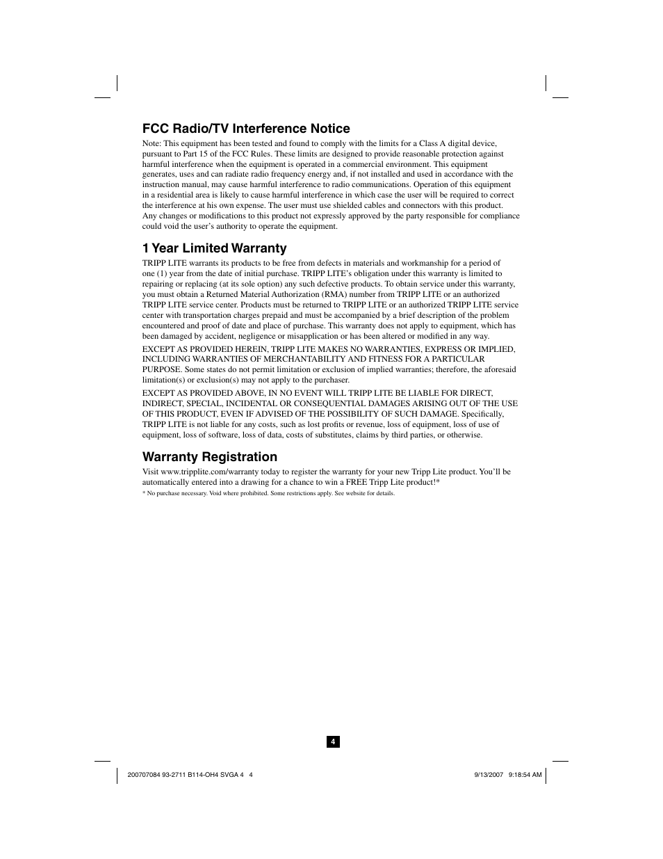 Fcc radio/tv interference notice, 1 year limited warranty, Warranty registration | Tripp Lite SVGA 1-to-4 Splitter B114-0H4 User Manual | Page 4 / 5