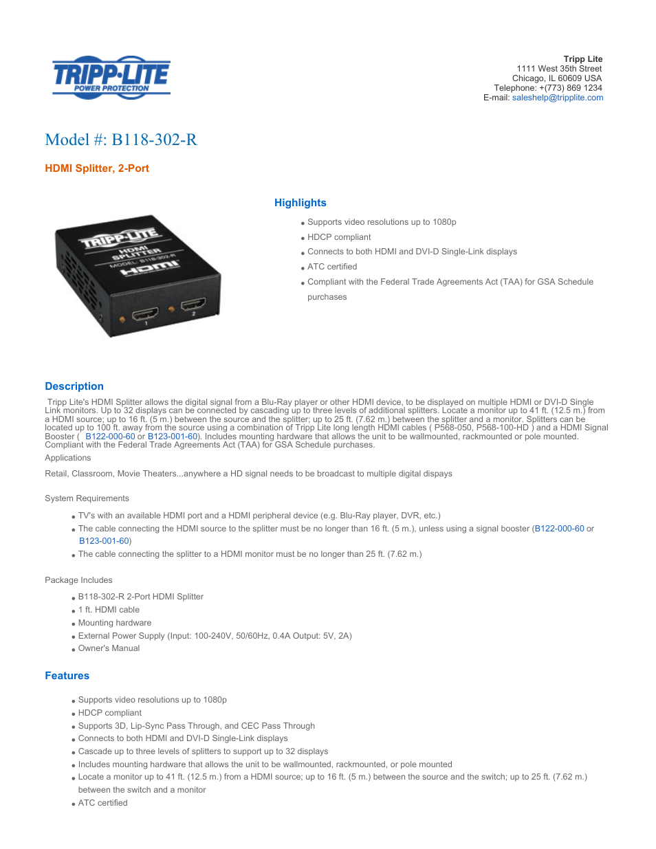 Tripp Lite HDMI v1.3 Splitter B118-302-R User Manual | 2 pages