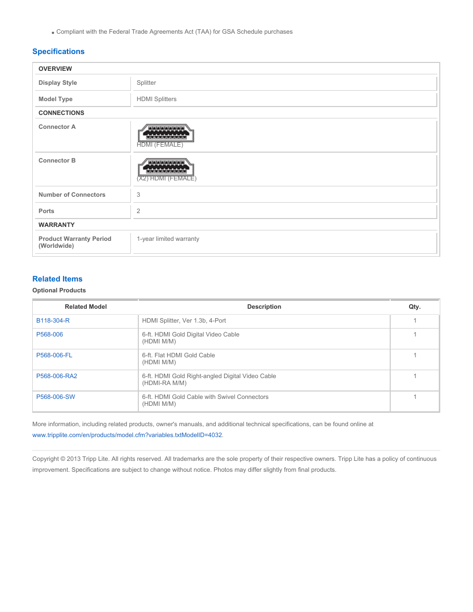 Tripp Lite HDMI v1.3 Splitter B118-302-R User Manual | Page 2 / 2