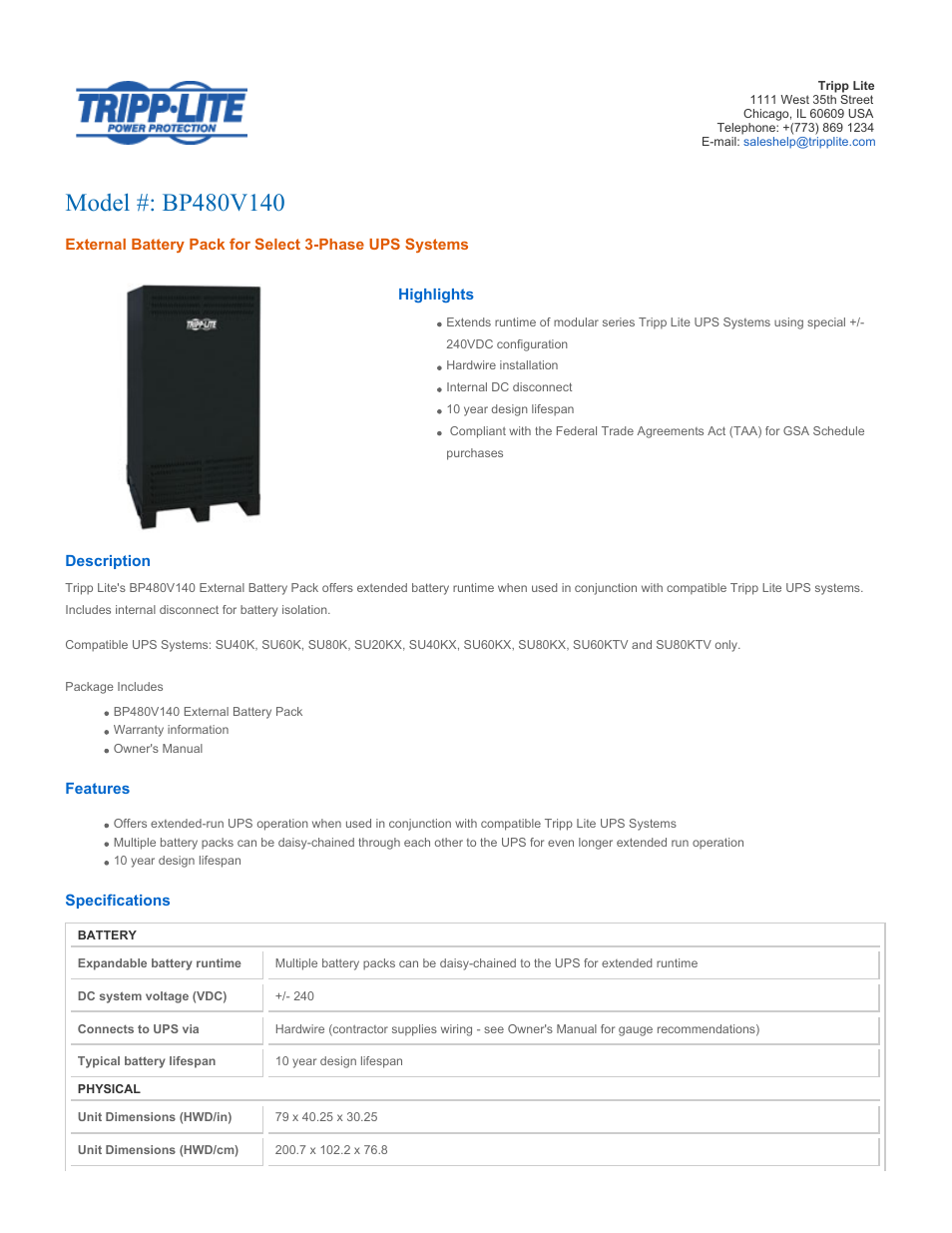 Tripp Lite BP480V140 User Manual | 2 pages