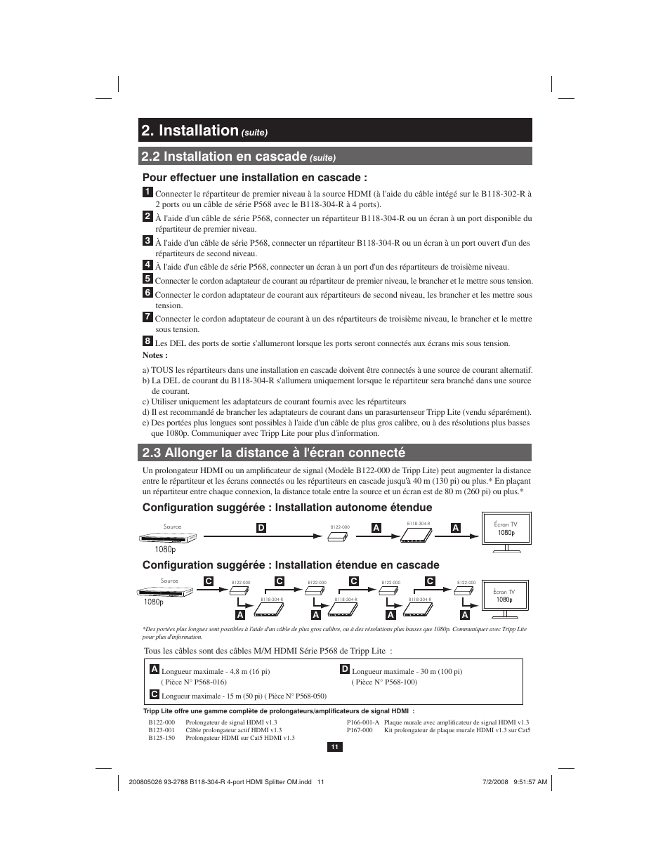 Installation, 2 installation en cascade, 3 allonger la distance à l'écran connecté | Pour effectuer une installation en cascade | Tripp Lite B118-302-R User Manual | Page 11 / 12