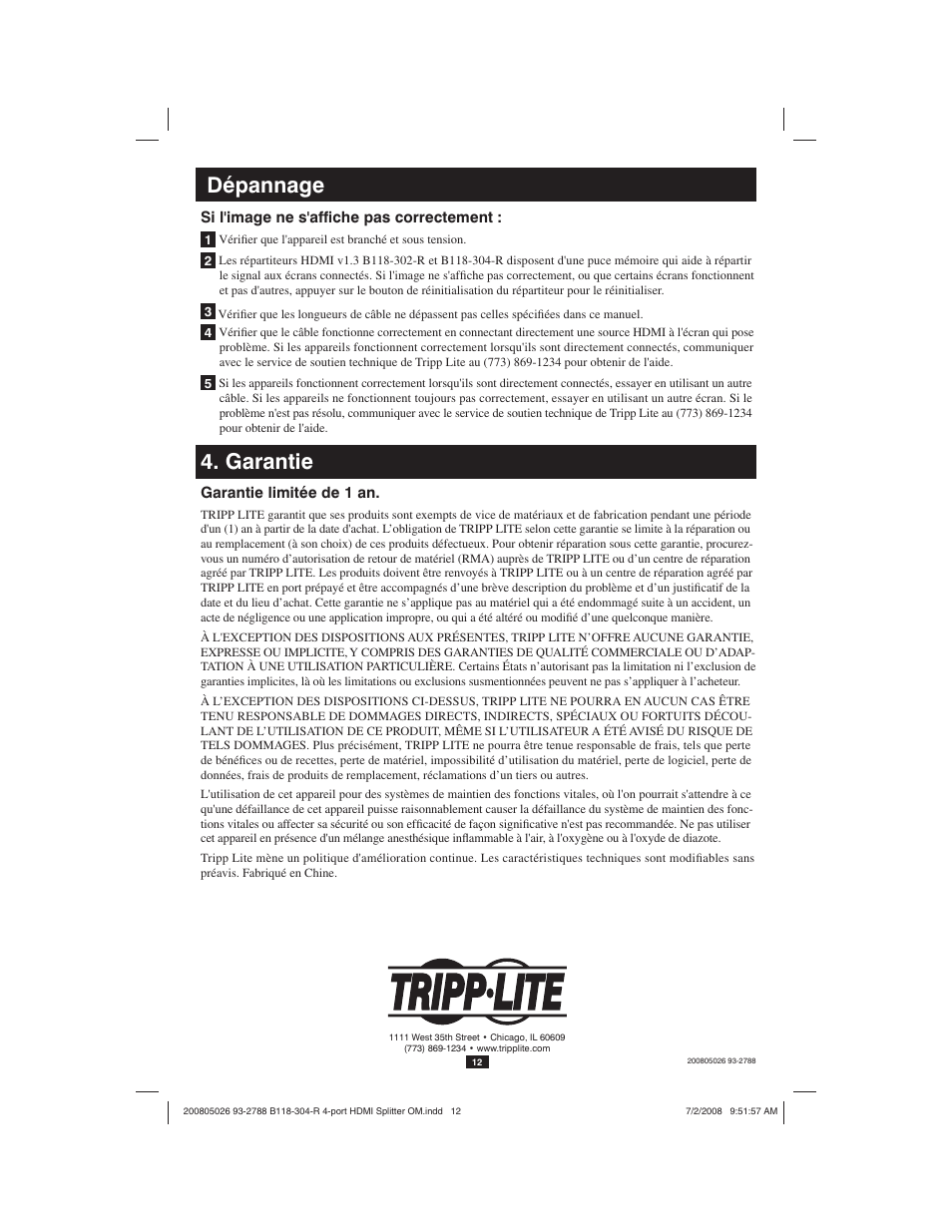 Dépannage, Garantie | Tripp Lite B118-302-R User Manual | Page 12 / 12