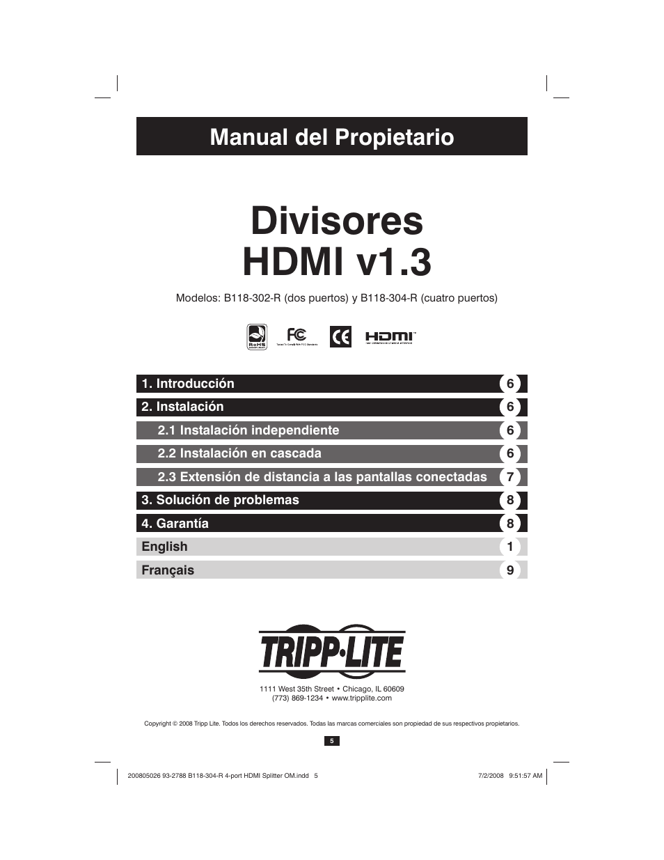 Divisores hdmi v1.3, Manual del propietario | Tripp Lite B118-302-R User Manual | Page 5 / 12