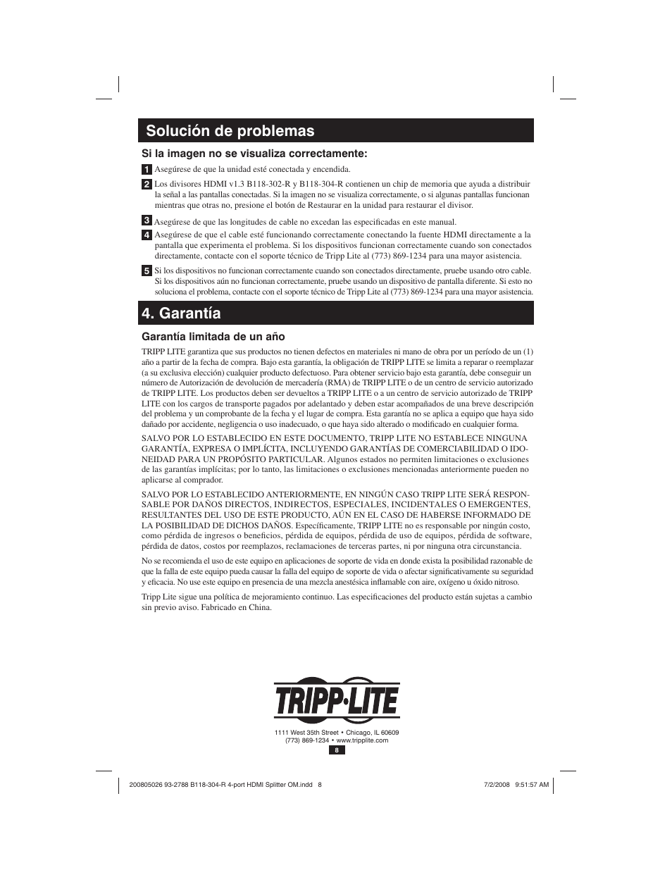 Solución de problemas, Garantía | Tripp Lite B118-302-R User Manual | Page 8 / 12