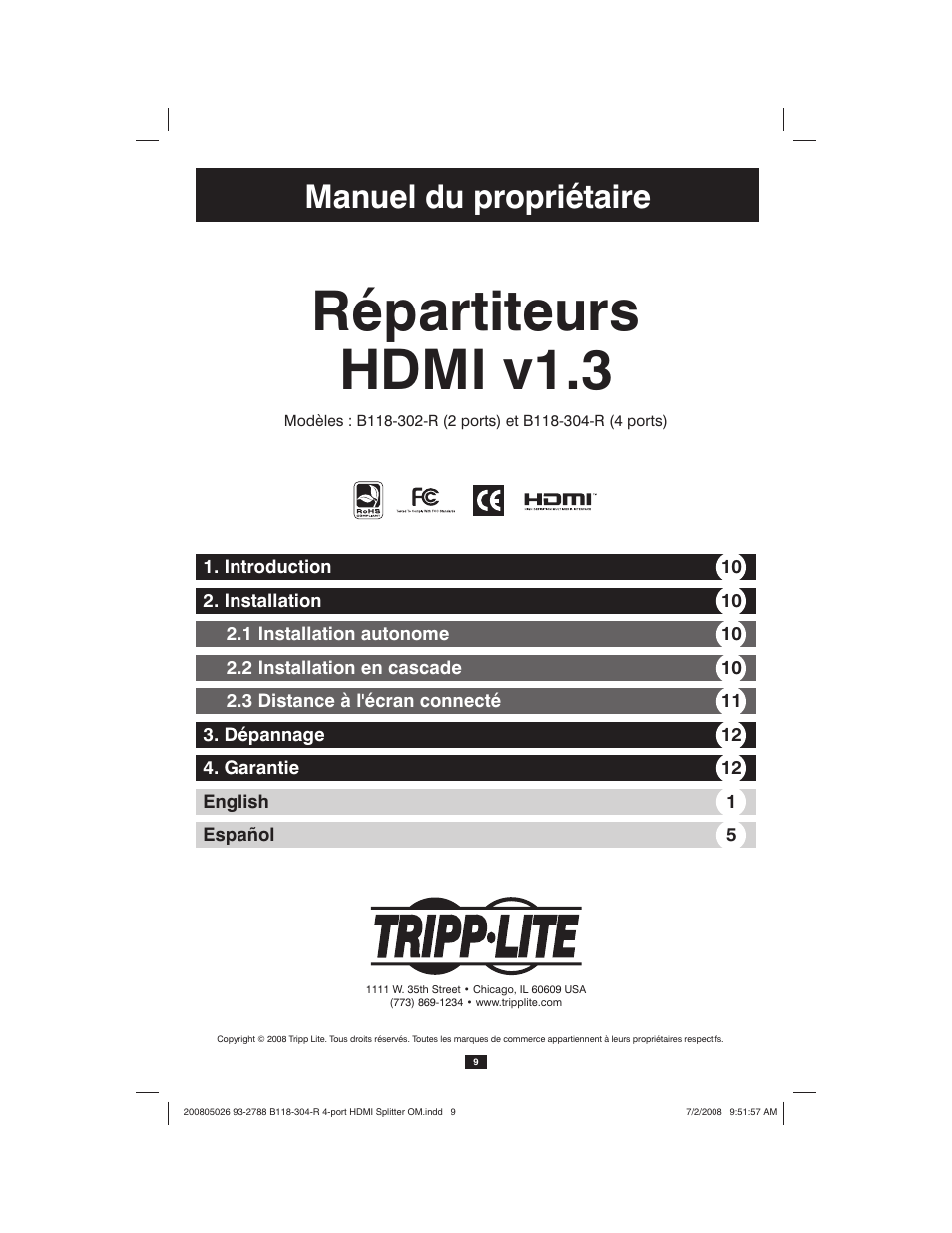 Répartiteurs hdmi v1.3, Manuel du propriétaire | Tripp Lite B118-302-R User Manual | Page 9 / 12