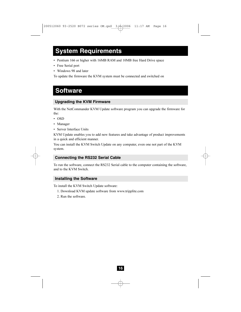 Software, System requirements | Tripp Lite NETCOMMANDERTM B072-016-1 User Manual | Page 16 / 24