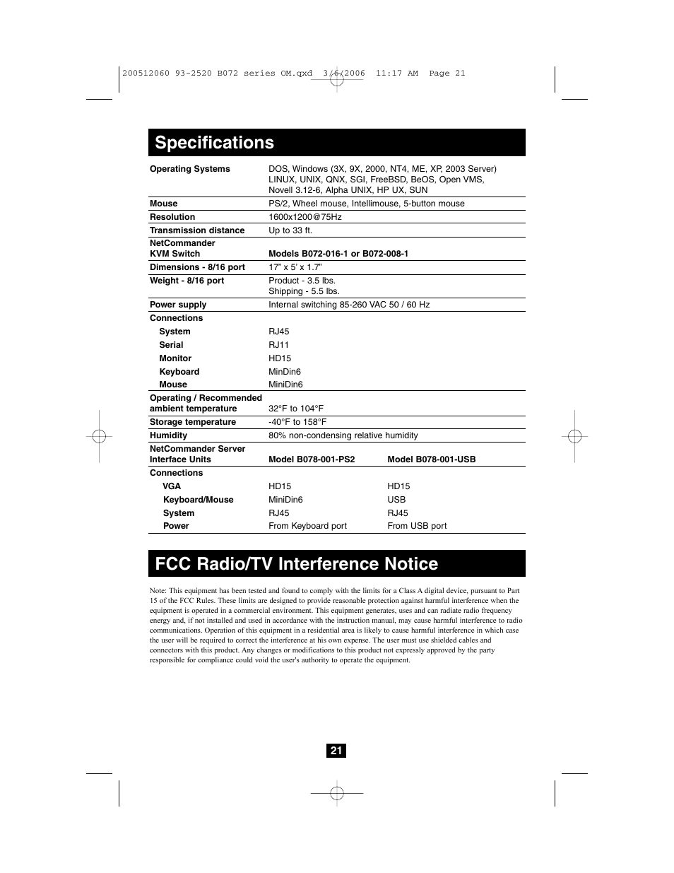 Specifications, Fcc radio/tv interference notice | Tripp Lite NETCOMMANDERTM B072-016-1 User Manual | Page 21 / 24