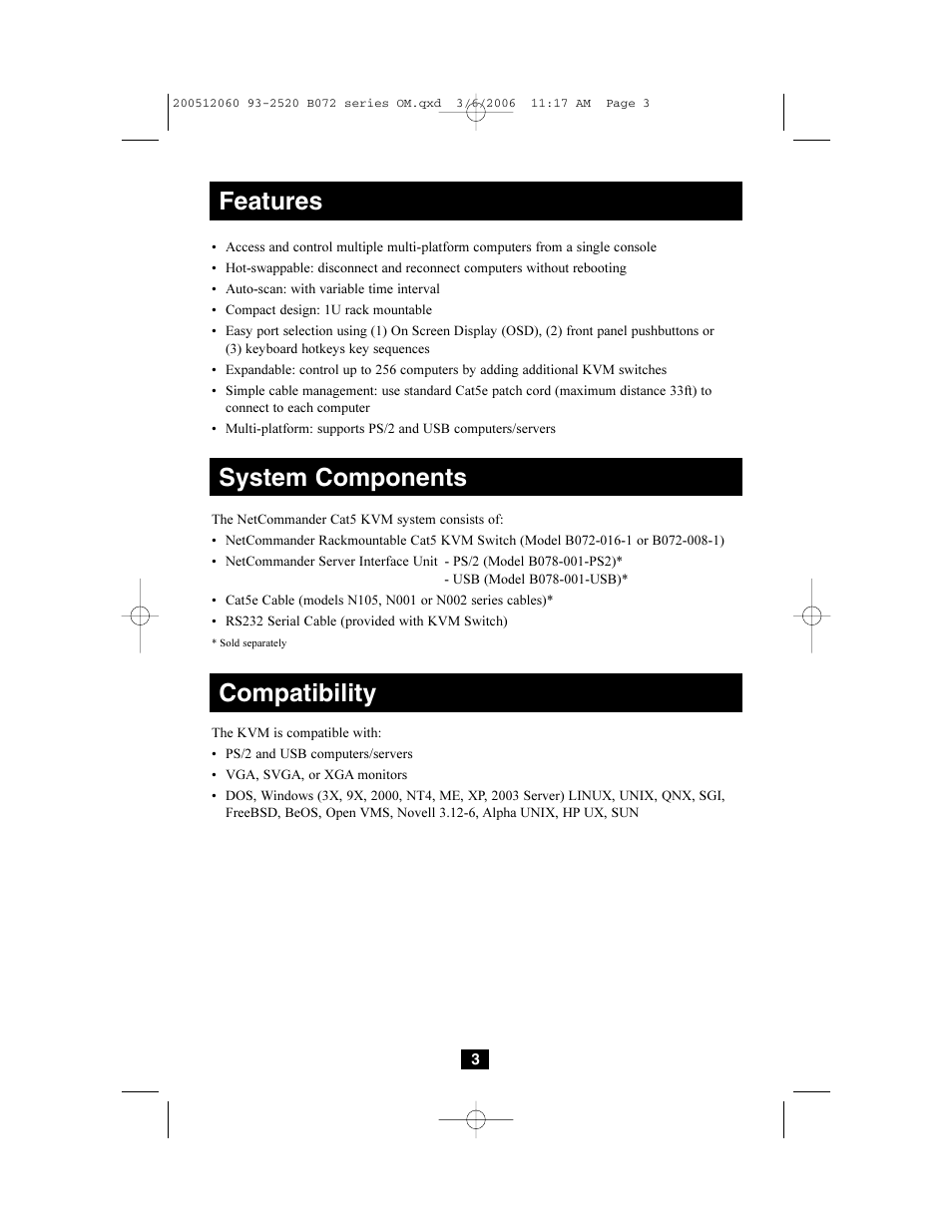 Features, System components, Compatibility | Tripp Lite NETCOMMANDERTM B072-016-1 User Manual | Page 3 / 24