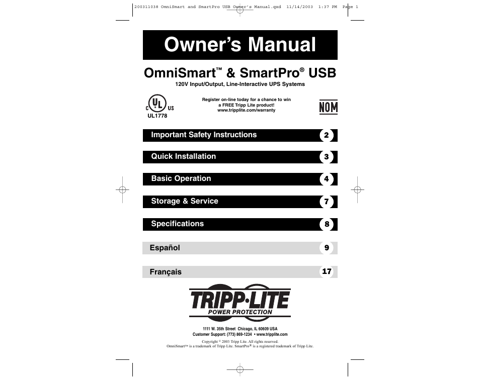 Tripp Lite OmniSmart USB User Manual | 13 pages