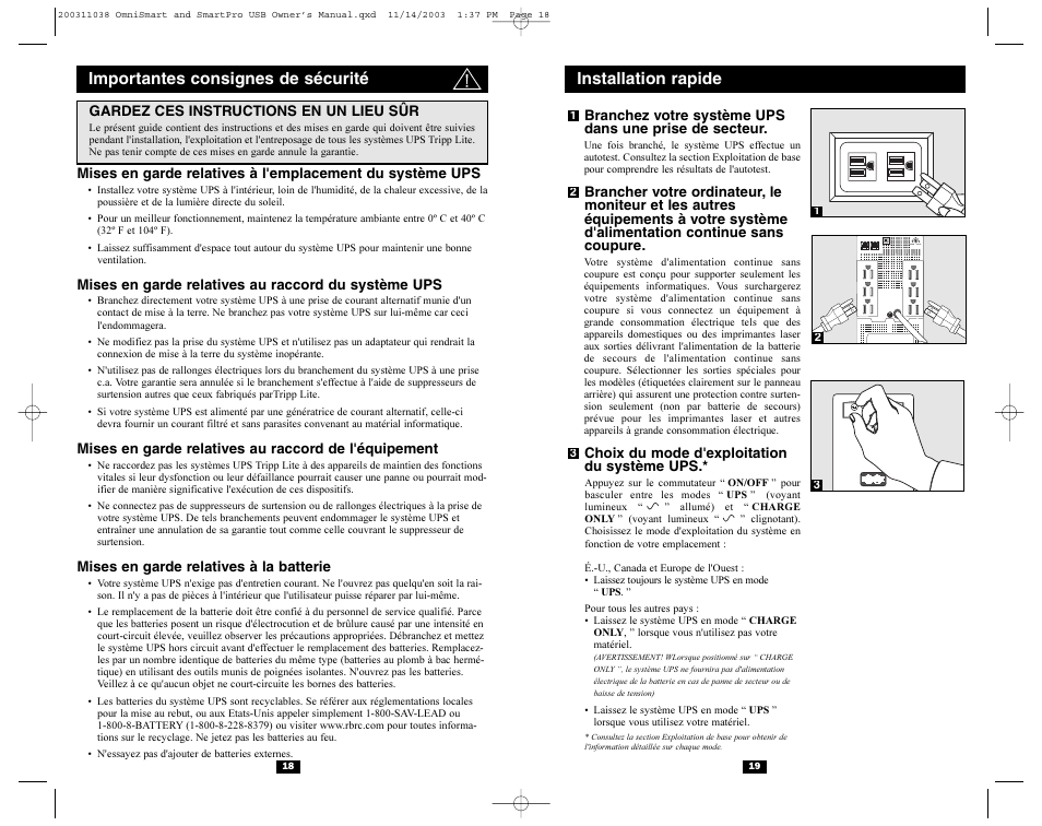 Installation rapide, Importantes consignes de sécurité, Norm delay | Tripp Lite OmniSmart USB User Manual | Page 10 / 13