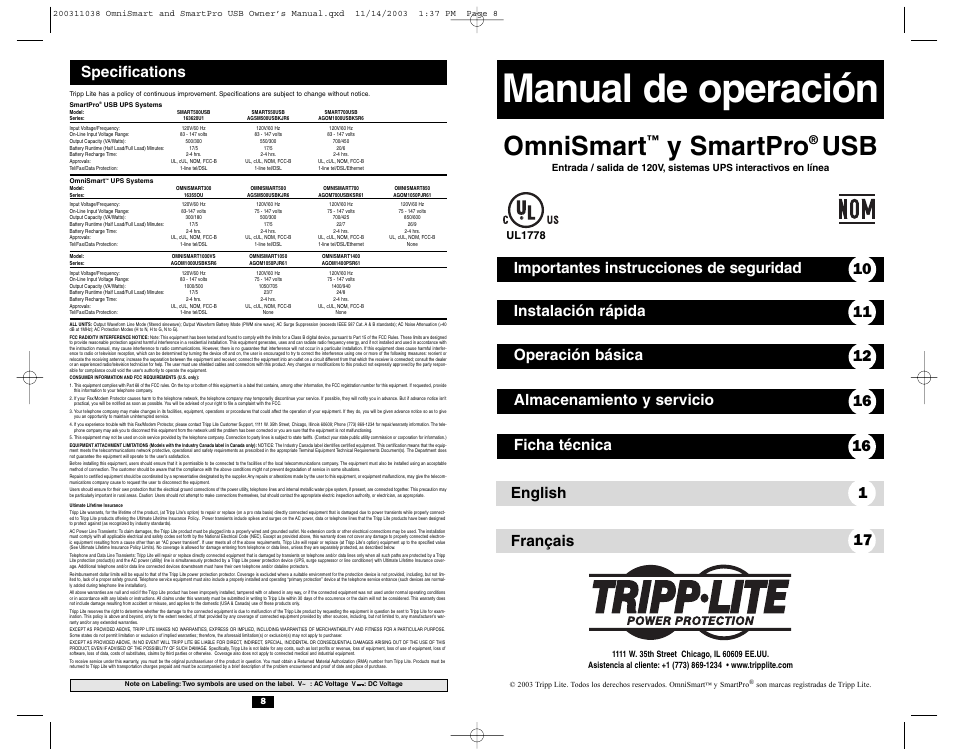 Manual de operación, Omnismart, Y smartpro | English 1 français 17, Specifications, Ul1778 | Tripp Lite OmniSmart USB User Manual | Page 5 / 13