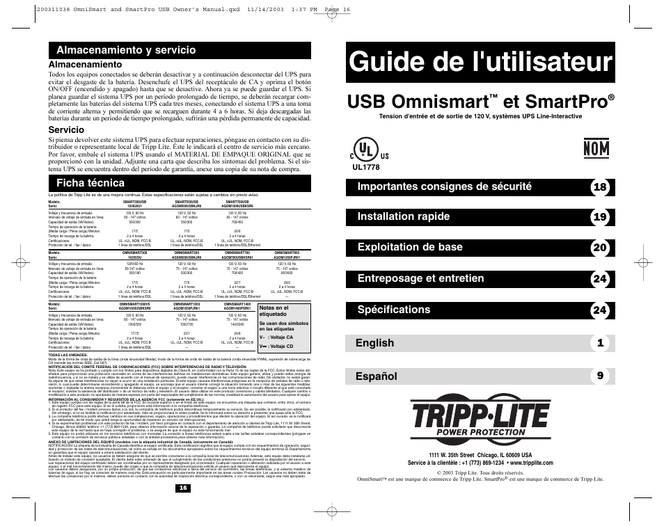 Guide de l'utilisateur, Usb omnismart, Et smartpro | English 1 español 9, Ficha técnica, Almacenamiento y servicio, Almacenamiento, Servicio, Ul1778 | Tripp Lite OmniSmart USB User Manual | Page 9 / 13