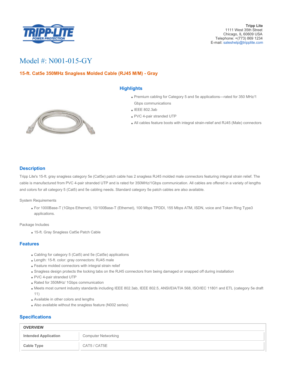 Tripp Lite N001-015-GY User Manual | 3 pages