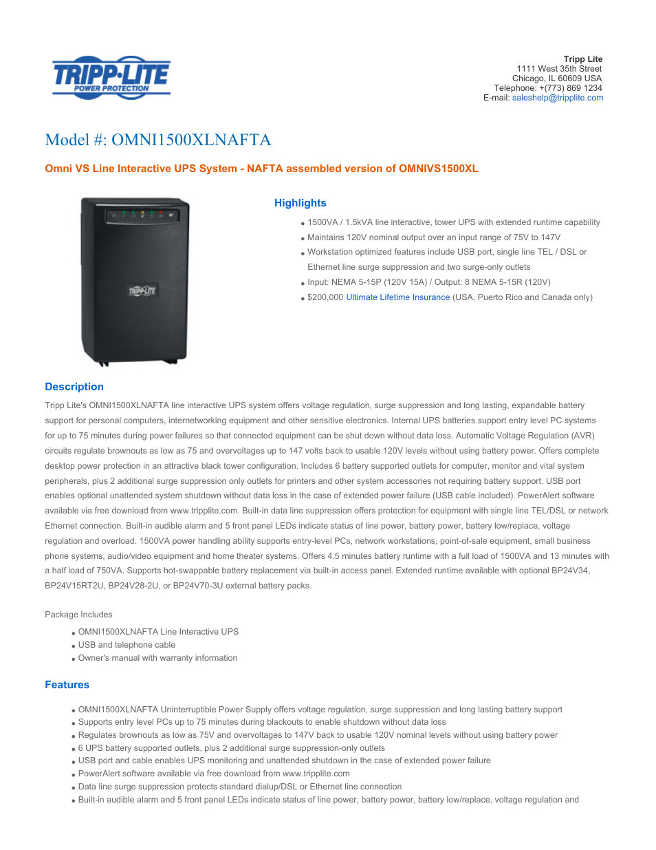 Tripp Lite OMNI1500XLNAFTA User Manual | 5 pages