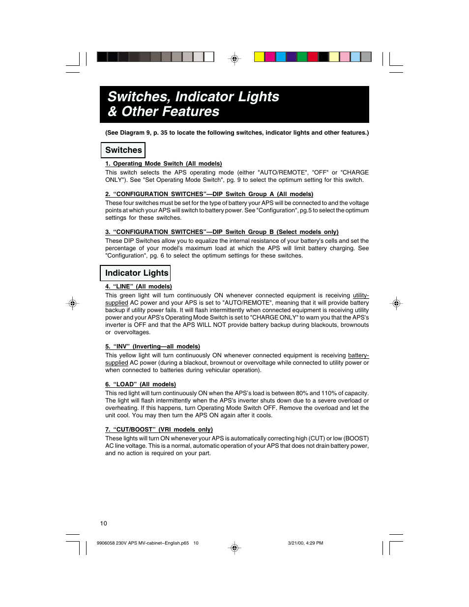 Switches, indicator lights & other features, Switches, Indicator lights | Tripp Lite APS 912 INT  ES User Manual | Page 10 / 36