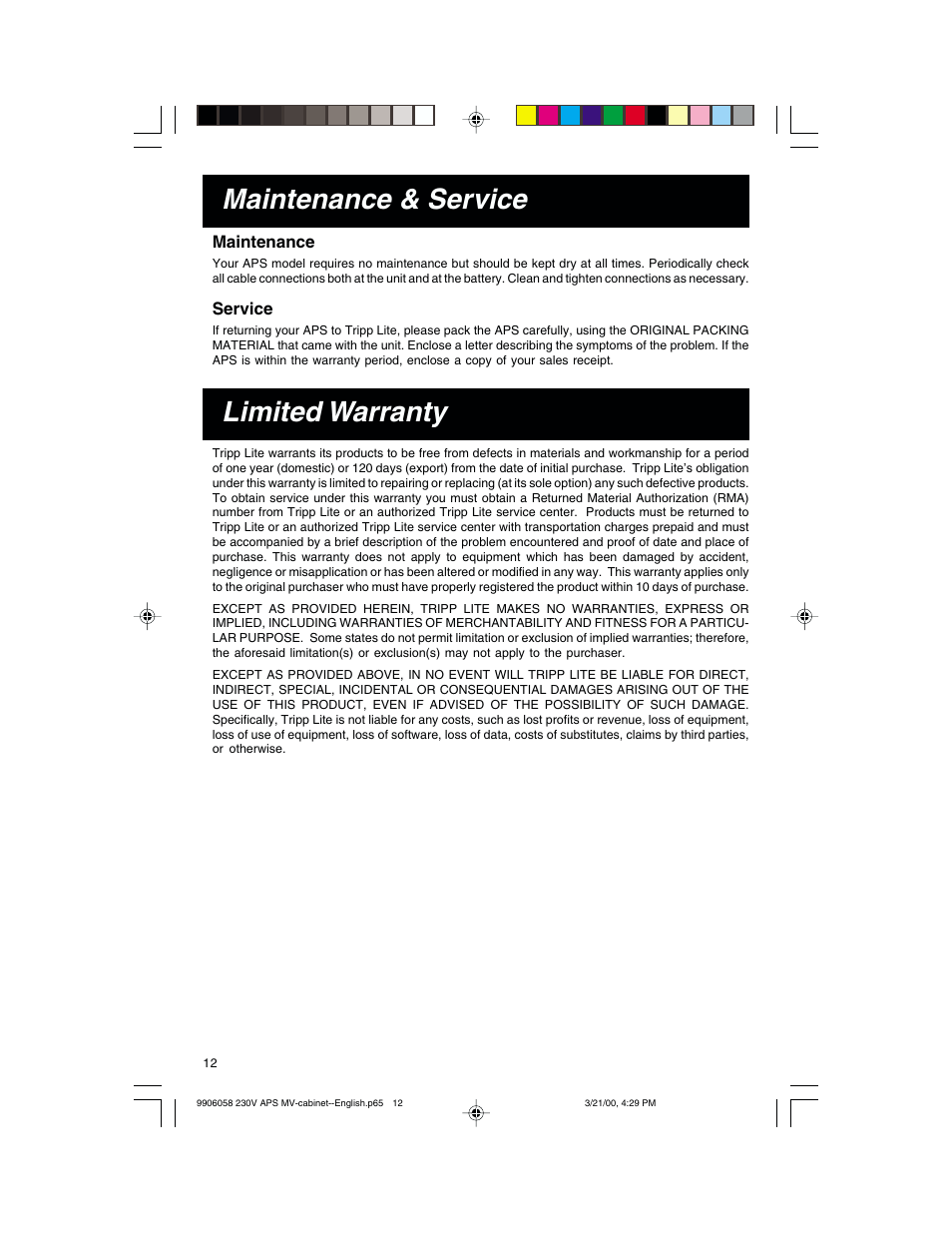 Limited warranty, Maintenance & service | Tripp Lite APS 912 INT  ES User Manual | Page 12 / 36