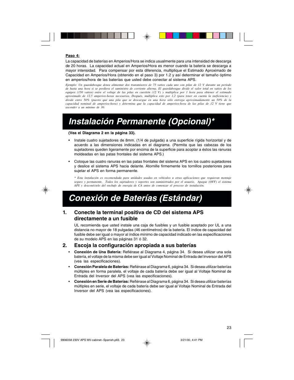 Conexión de baterías (estándar), Instalación permanente (opcional), Escoja la configuración apropiada a sus baterías | Tripp Lite APS 912 INT  ES User Manual | Page 23 / 36