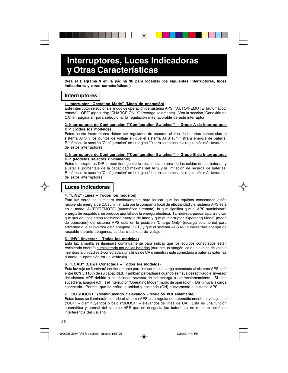 Interruptores, Luces indicadoras | Tripp Lite APS 912 INT  ES User Manual | Page 26 / 36