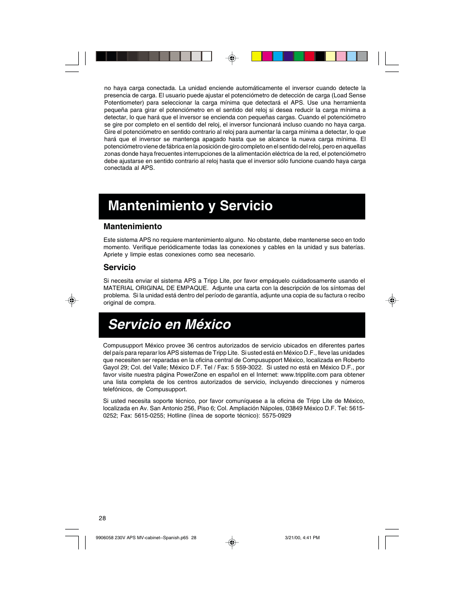 Mantenimiento y servicio, Servicio en méxico | Tripp Lite APS 912 INT  ES User Manual | Page 28 / 36