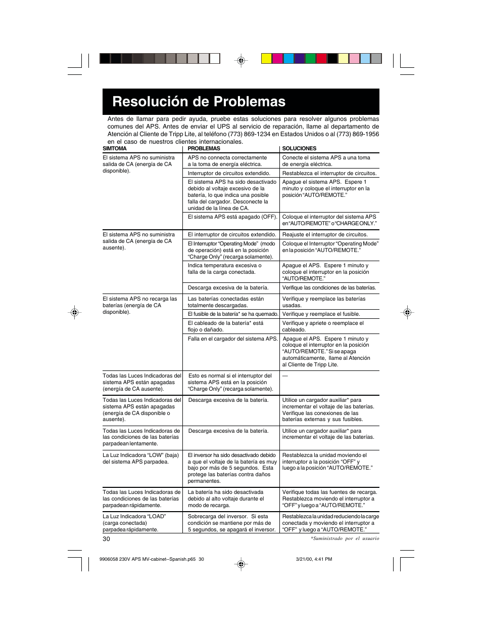 Resolución de problemas | Tripp Lite APS 912 INT  ES User Manual | Page 30 / 36