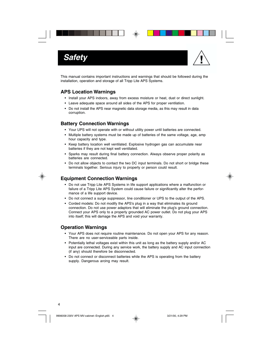 Safety, Aps location warnings, Battery connection warnings | Equipment connection warnings, Operation warnings | Tripp Lite APS 912 INT  ES User Manual | Page 4 / 36