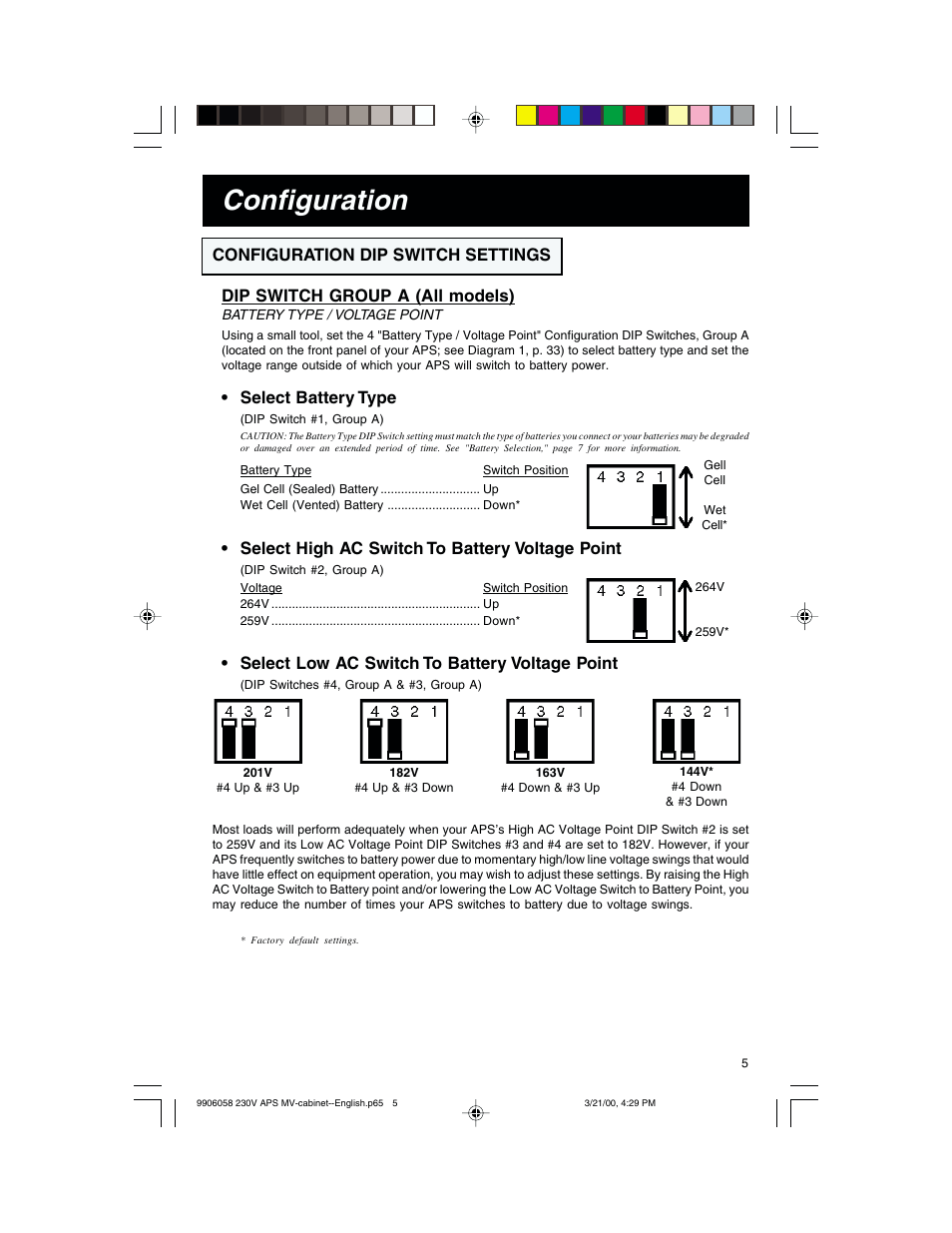 Configuration, Select battery type, Select high ac switch to battery voltage point | Select low ac switch to battery voltage point | Tripp Lite APS 912 INT  ES User Manual | Page 5 / 36