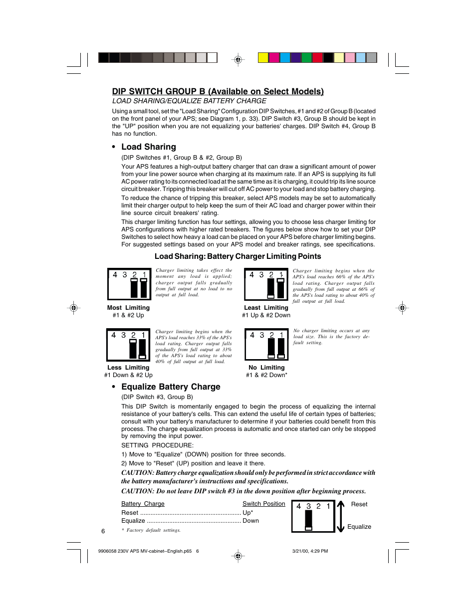 Dip switch group b (available on select models), Load sharing, Equalize battery charge | Tripp Lite APS 912 INT  ES User Manual | Page 6 / 36