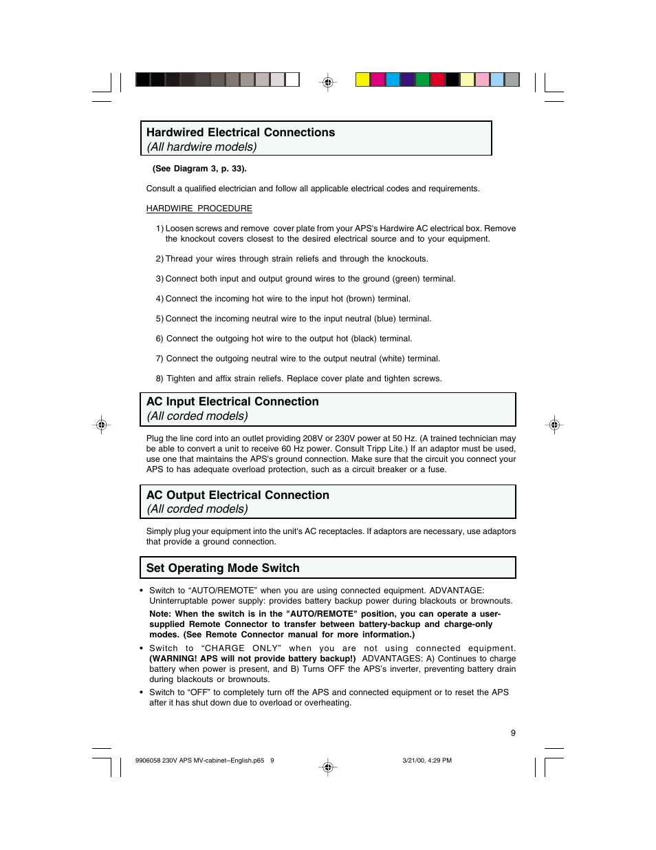 Ac input electrical connection (all corded models), Set operating mode switch | Tripp Lite APS 912 INT  ES User Manual | Page 9 / 36