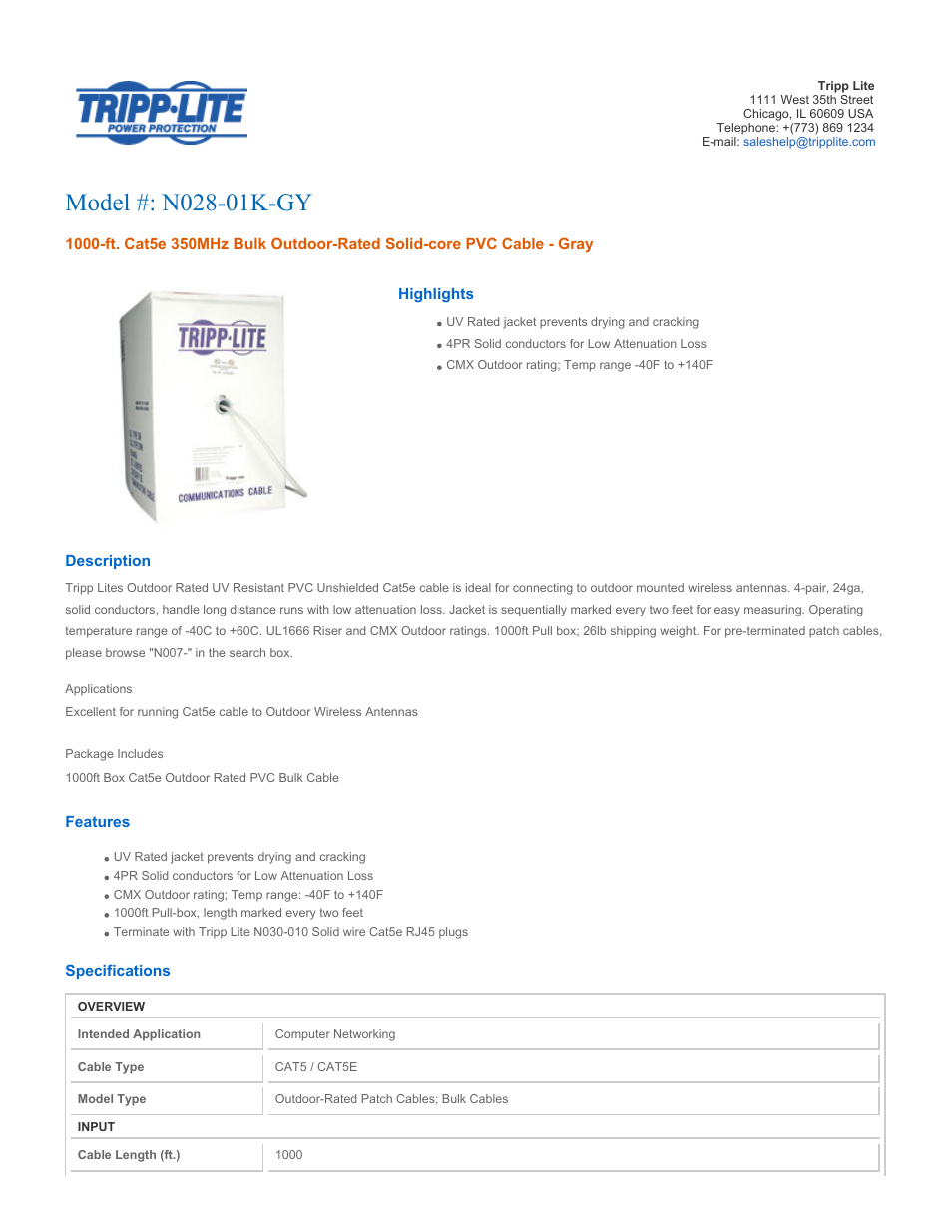 Tripp Lite Cat5e Outdoor Rated PVC Bulk Cable N028-01K-GY User Manual | 2 pages