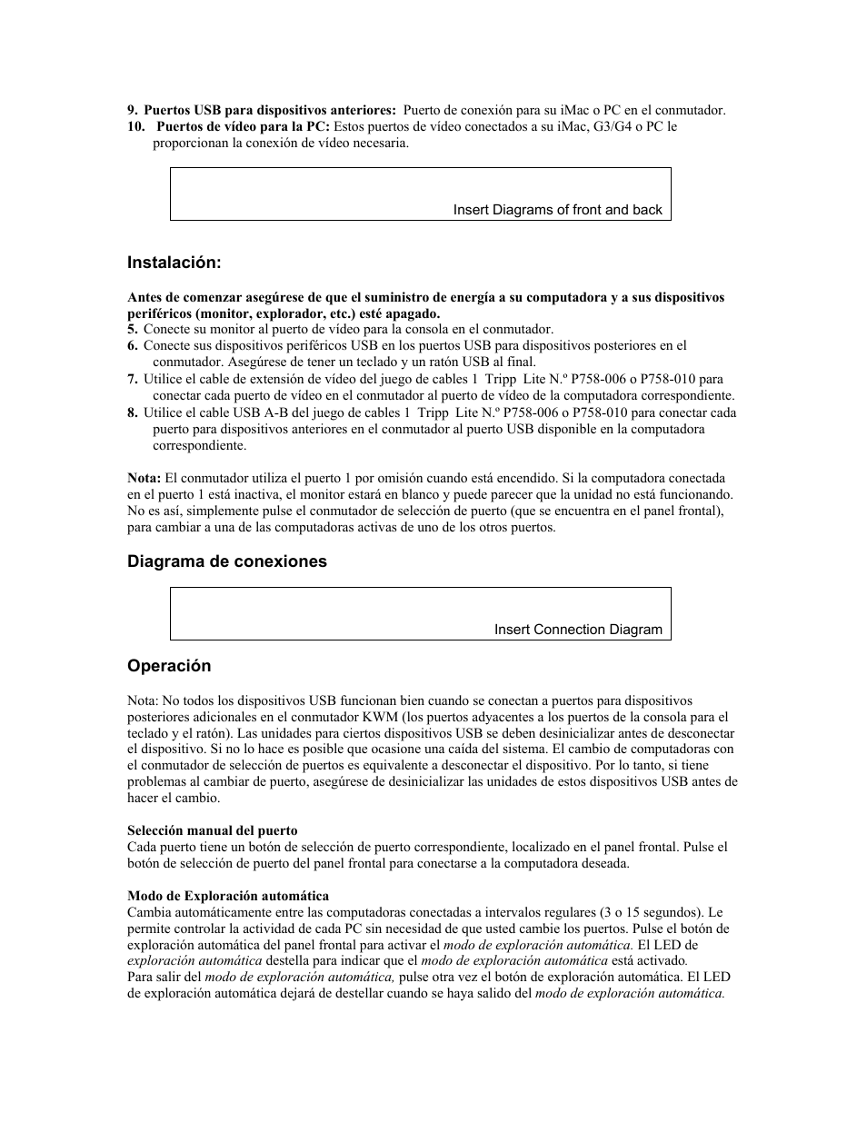 Instalación, Diagrama de conexiones, Operación | Tripp Lite B006-004-R User Manual | Page 12 / 19