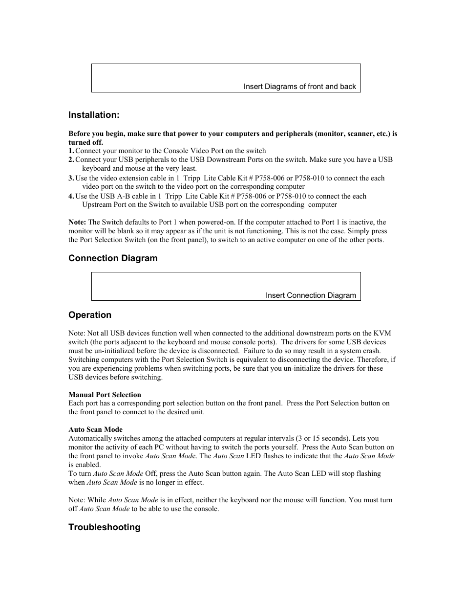 Installation, Connection diagram, Operation | Troubleshooting | Tripp Lite B006-004-R User Manual | Page 3 / 19