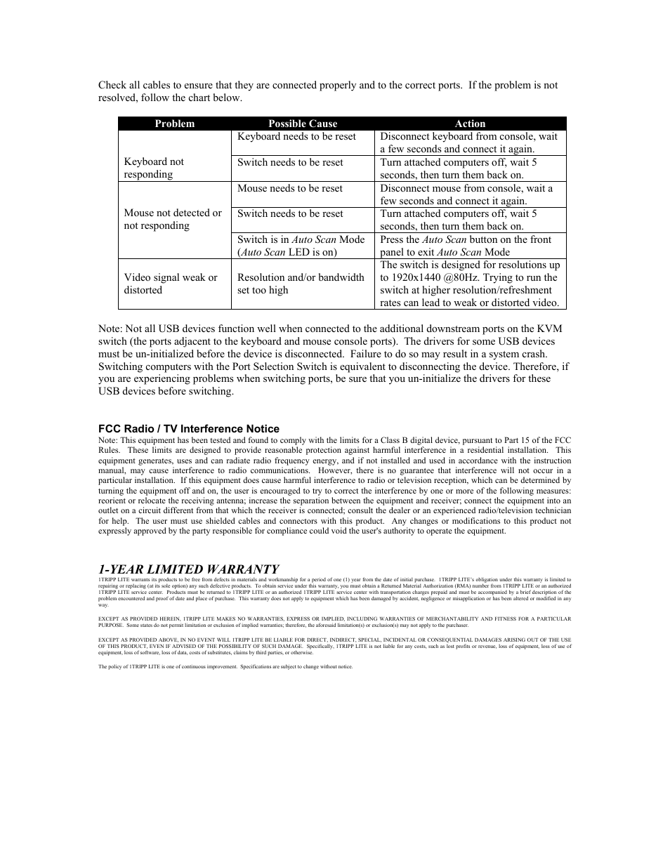 Fcc radio / tv interference notice, Year limited warranty | Tripp Lite B006-004-R User Manual | Page 4 / 19