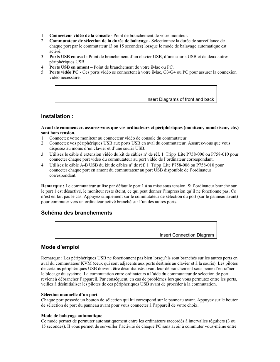 Installation, Schéma des branchements, Mode d’emploi | Tripp Lite B006-004-R User Manual | Page 7 / 19