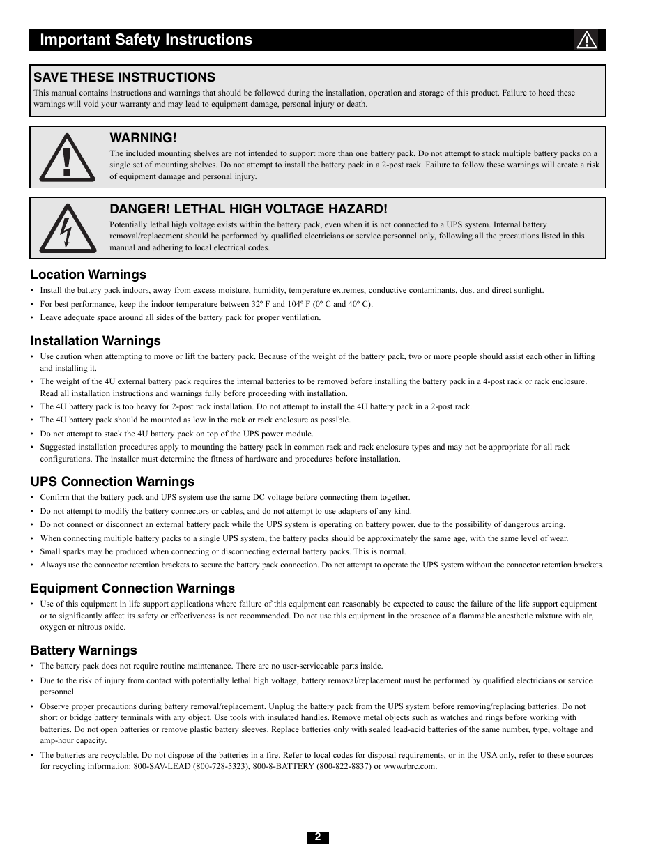 Important safety instructions, Save these instructions, Warning | Danger! lethal high voltage hazard, Location warnings, Installation warnings, Ups connection warnings, Equipment connection warnings, Battery warnings | Tripp Lite BP Series User Manual | Page 2 / 6