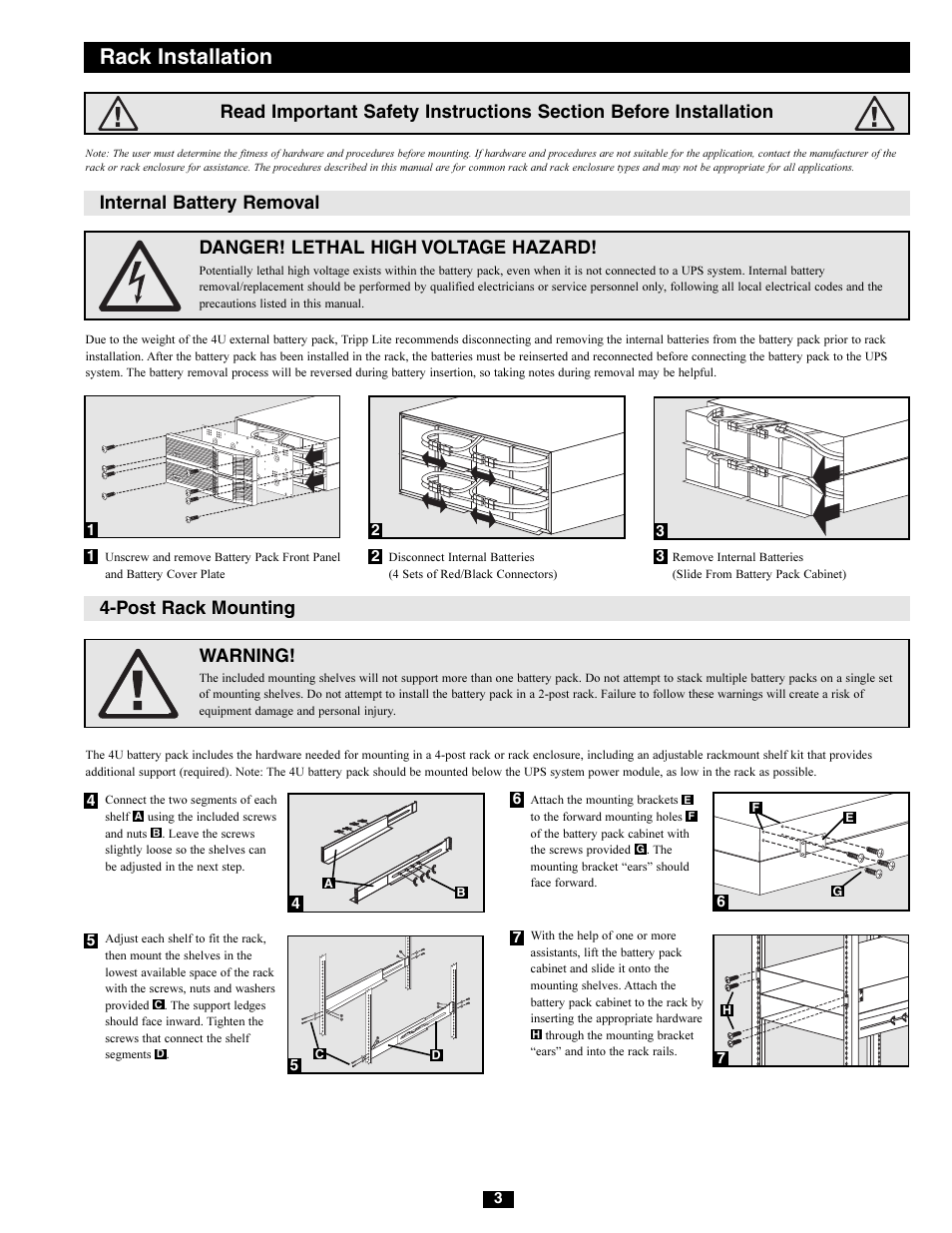Rack installation, Post rack mounting warning | Tripp Lite BP Series User Manual | Page 3 / 6