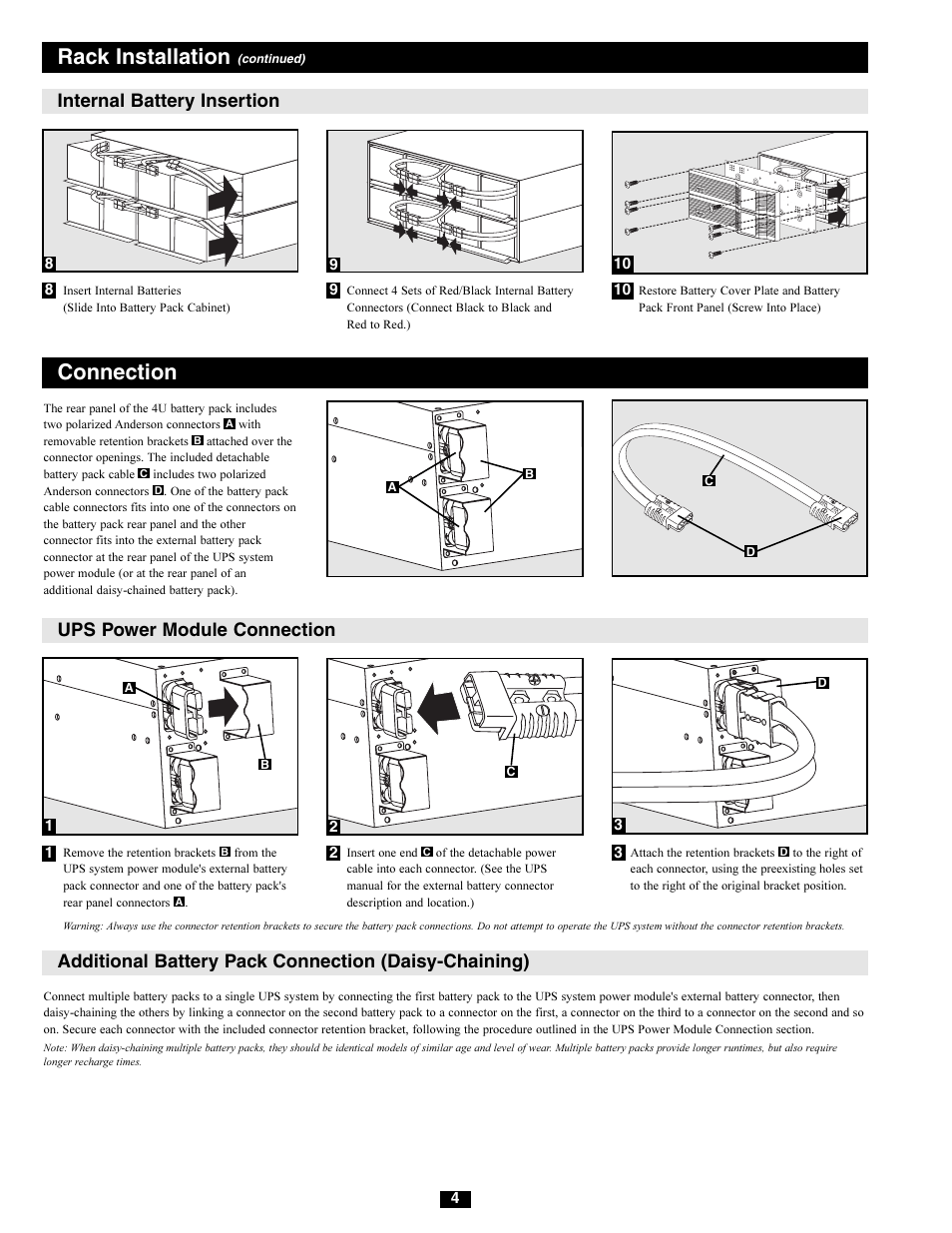 Rack installation, Connection, Internal battery insertion | Ups power module connection | Tripp Lite BP Series User Manual | Page 4 / 6