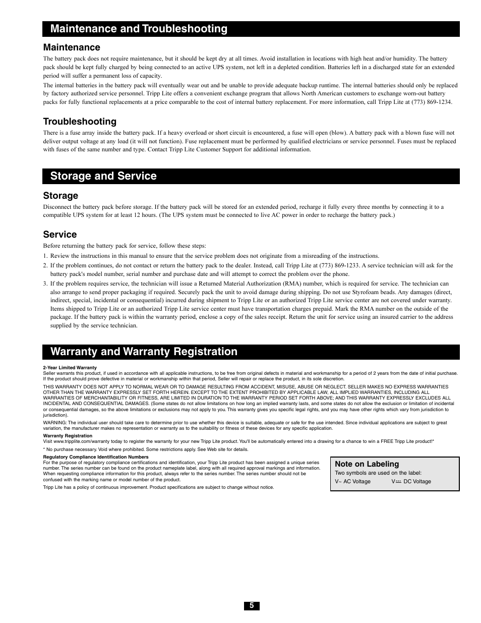 Maintenance and troubleshooting, Storage and service, Warranty and warranty registration | Maintenance, Troubleshooting, Storage, Service | Tripp Lite BP Series User Manual | Page 5 / 6