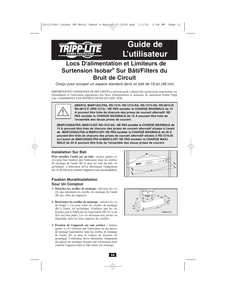 Guide de l’utilisateur, Sur bâti/filters du bruit de circuit | Tripp Lite RS-1215-HG User Manual | Page 11 / 16