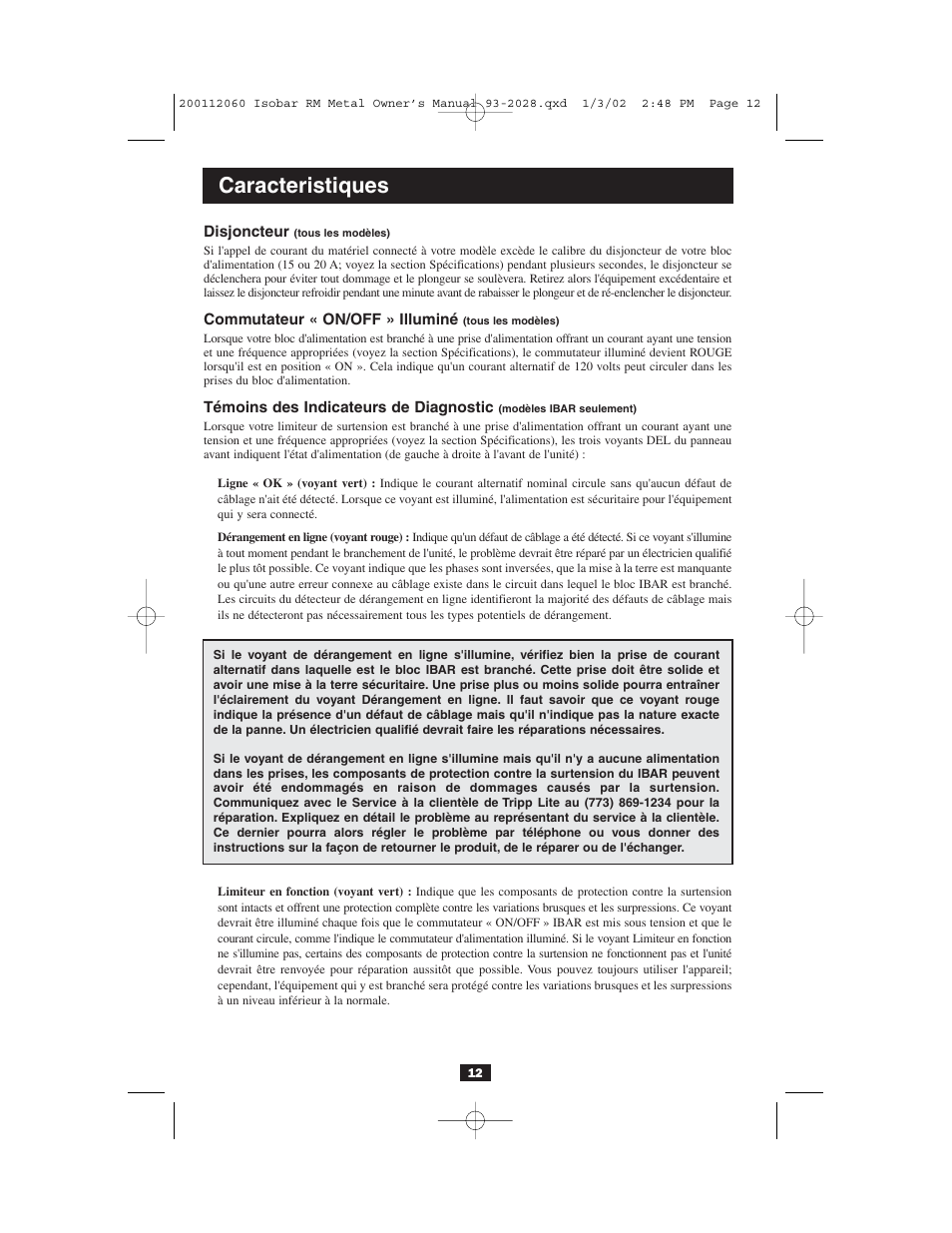 Caracteristiques | Tripp Lite RS-1215-HG User Manual | Page 12 / 16