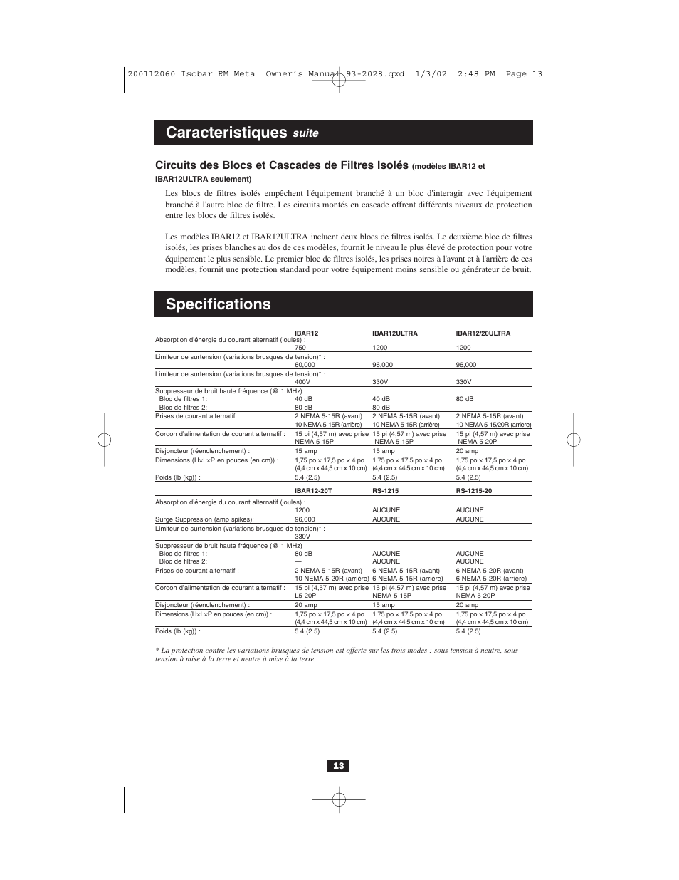 Caracteristiques, Specifications | Tripp Lite RS-1215-HG User Manual | Page 13 / 16