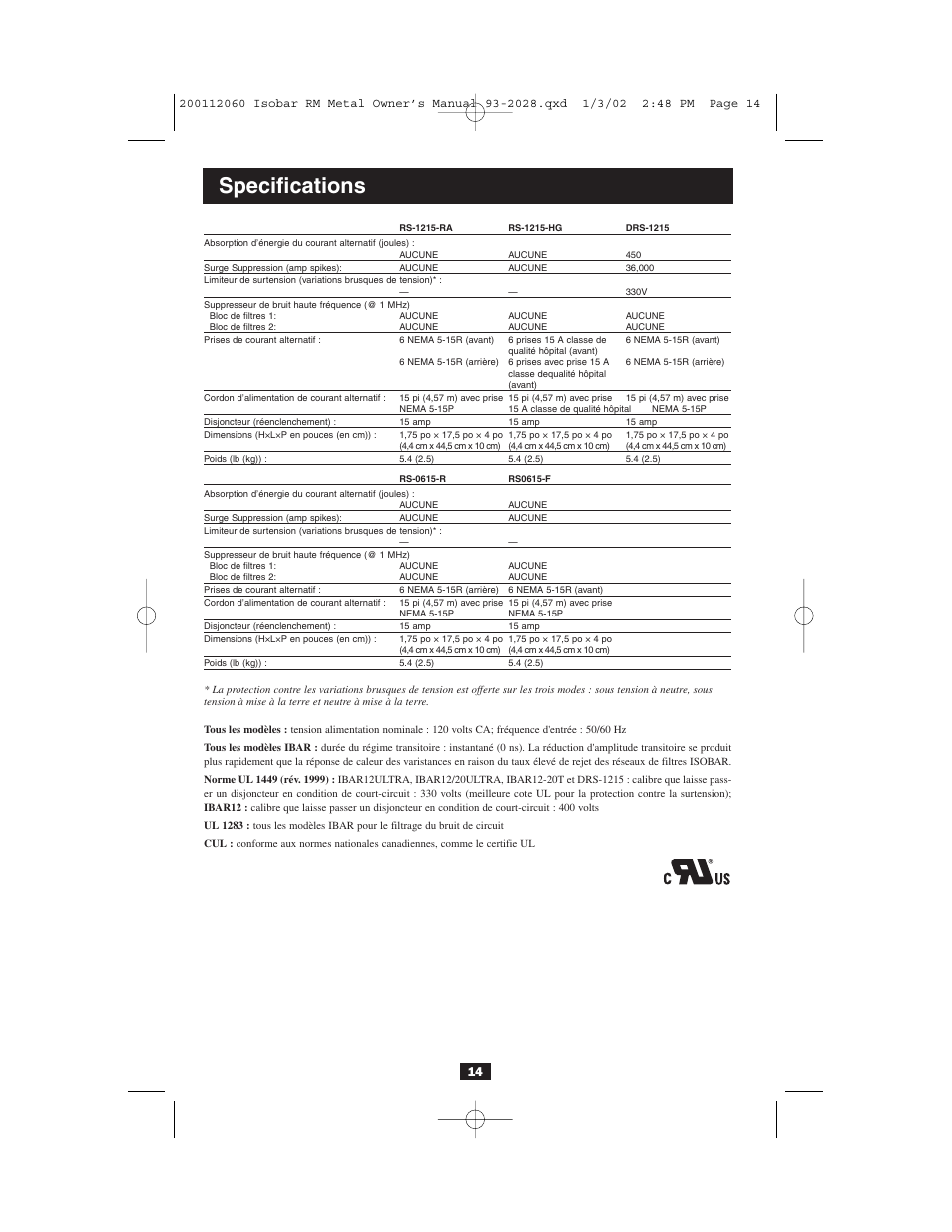 Specifications | Tripp Lite RS-1215-HG User Manual | Page 14 / 16