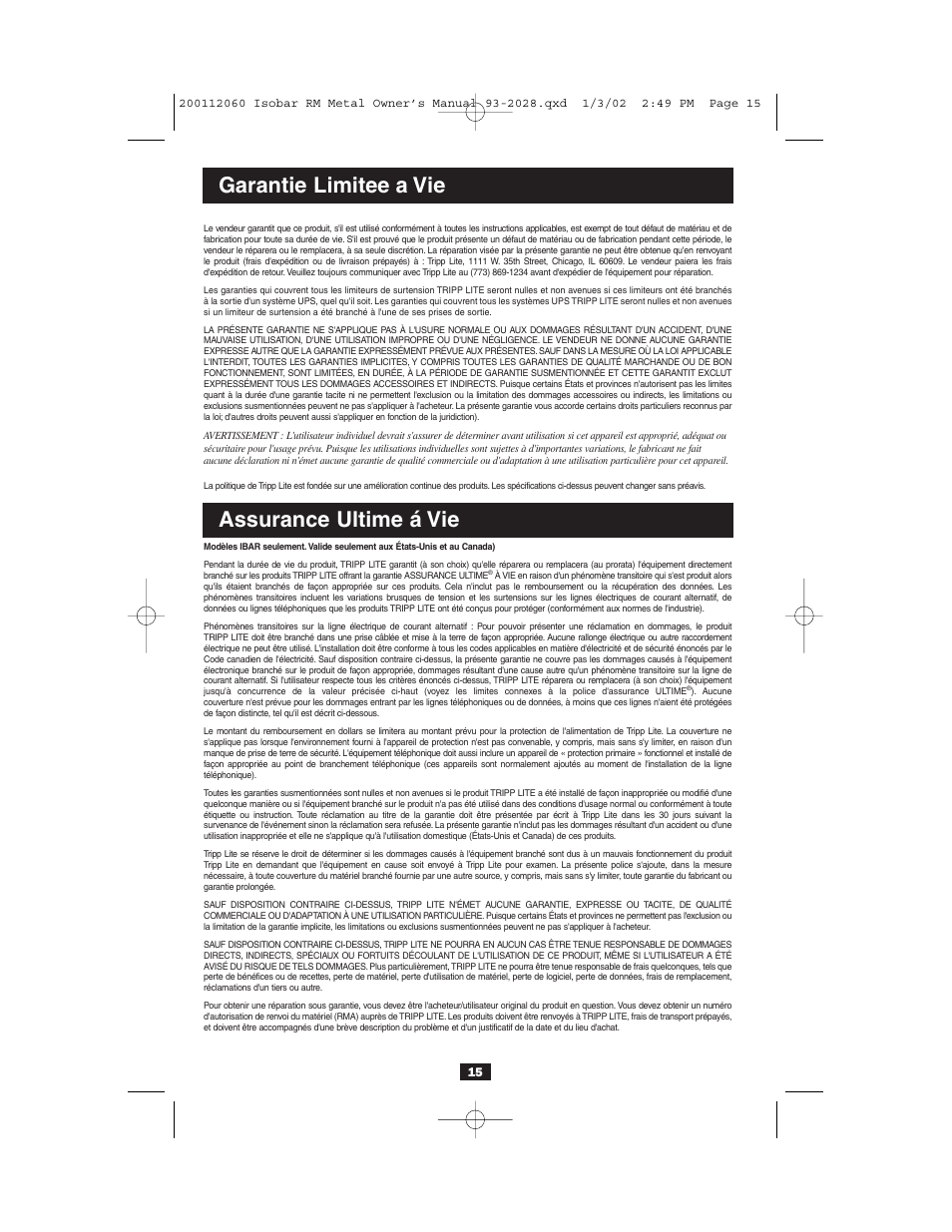 Garantie limitee a vie, Assurance ultime á vie | Tripp Lite RS-1215-HG User Manual | Page 15 / 16