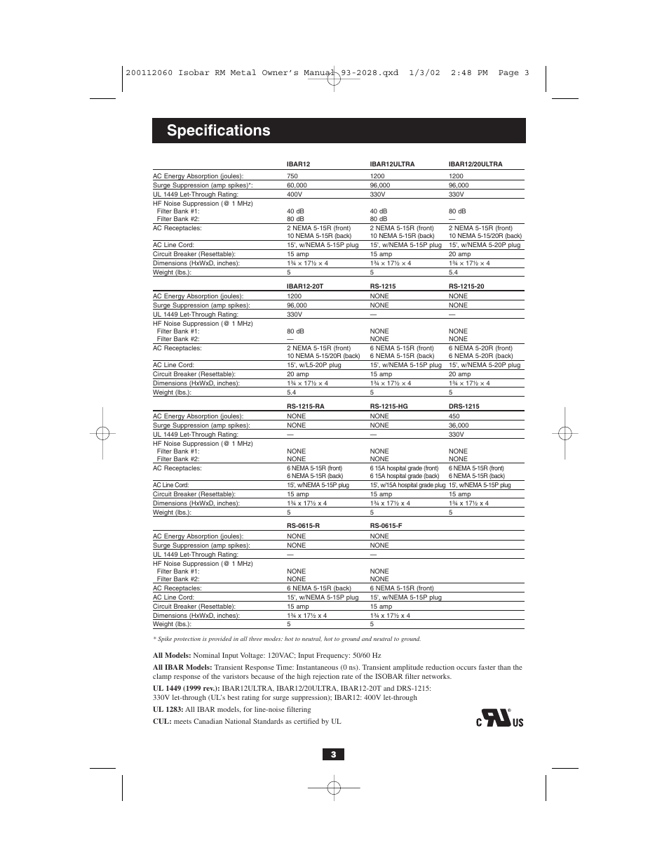 Specifications | Tripp Lite RS-1215-HG User Manual | Page 3 / 16