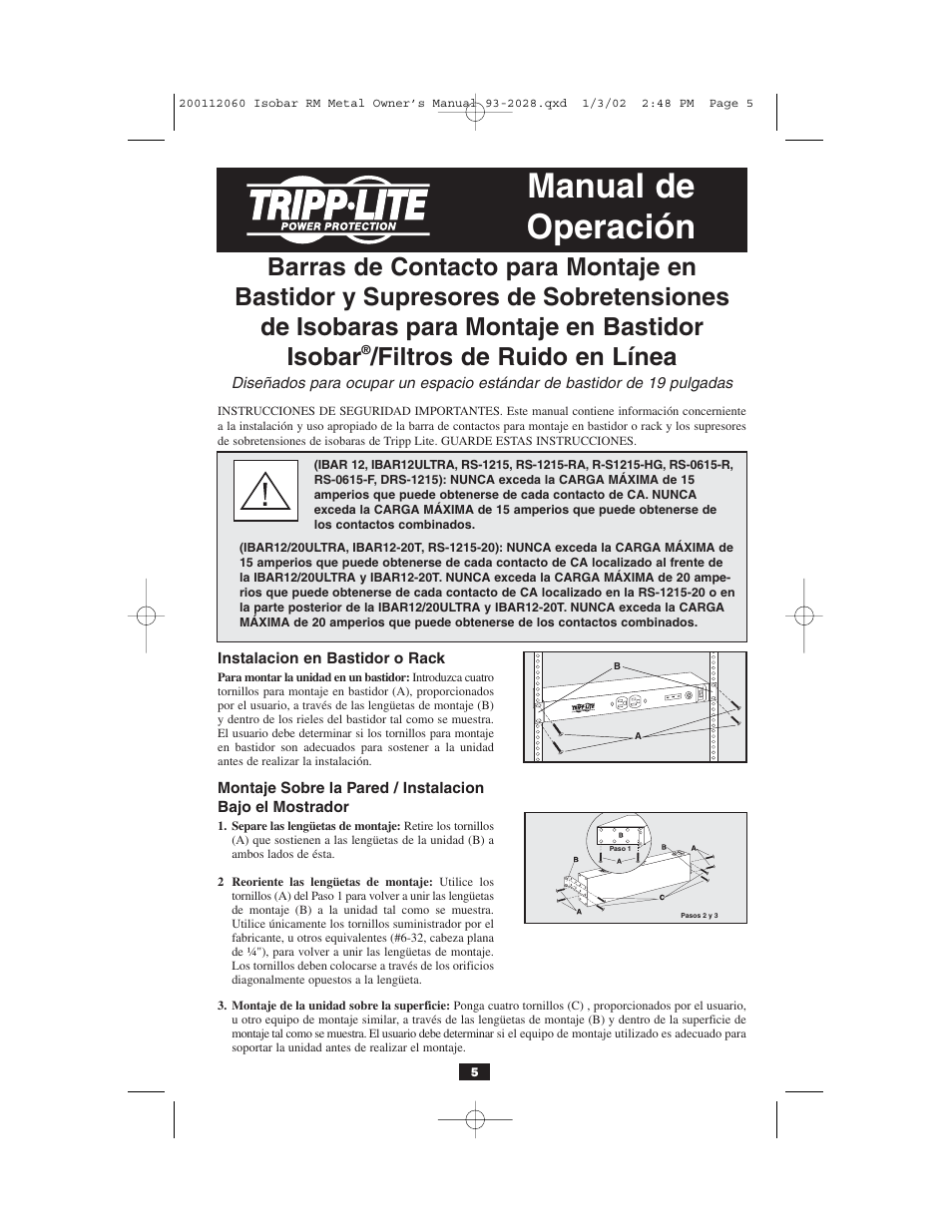 Manual de operación, Filtros de ruido en línea | Tripp Lite RS-1215-HG User Manual | Page 5 / 16