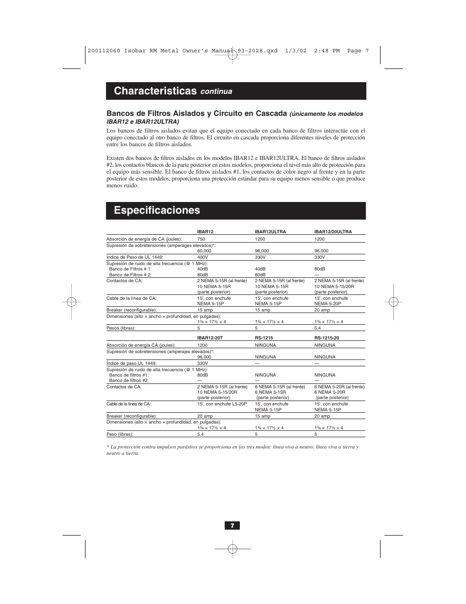 Characteristicas, Especificaciones, Bancos de filtros aislados y circuito en cascada | Continua | Tripp Lite RS-1215-HG User Manual | Page 7 / 16