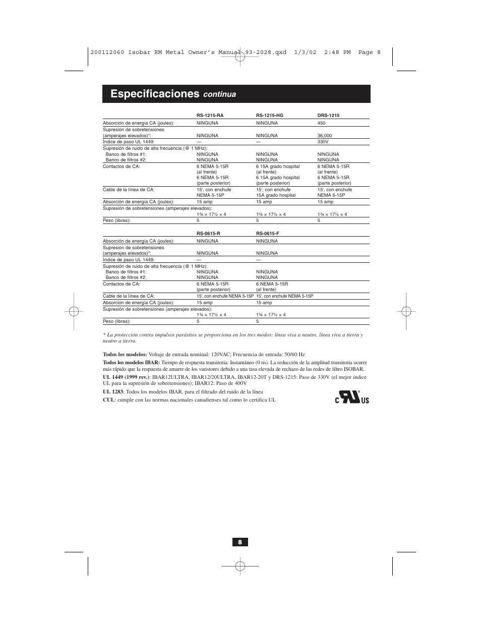 Especificaciones, Continua | Tripp Lite RS-1215-HG User Manual | Page 8 / 16