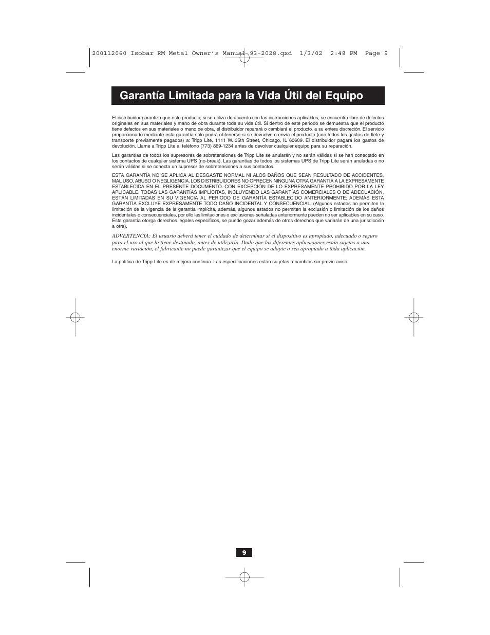 Garantía limitada para la vida útil del equipo | Tripp Lite RS-1215-HG User Manual | Page 9 / 16