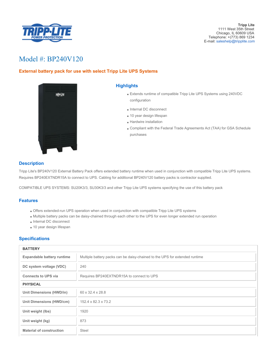 Tripp Lite BP240V120 User Manual | 2 pages