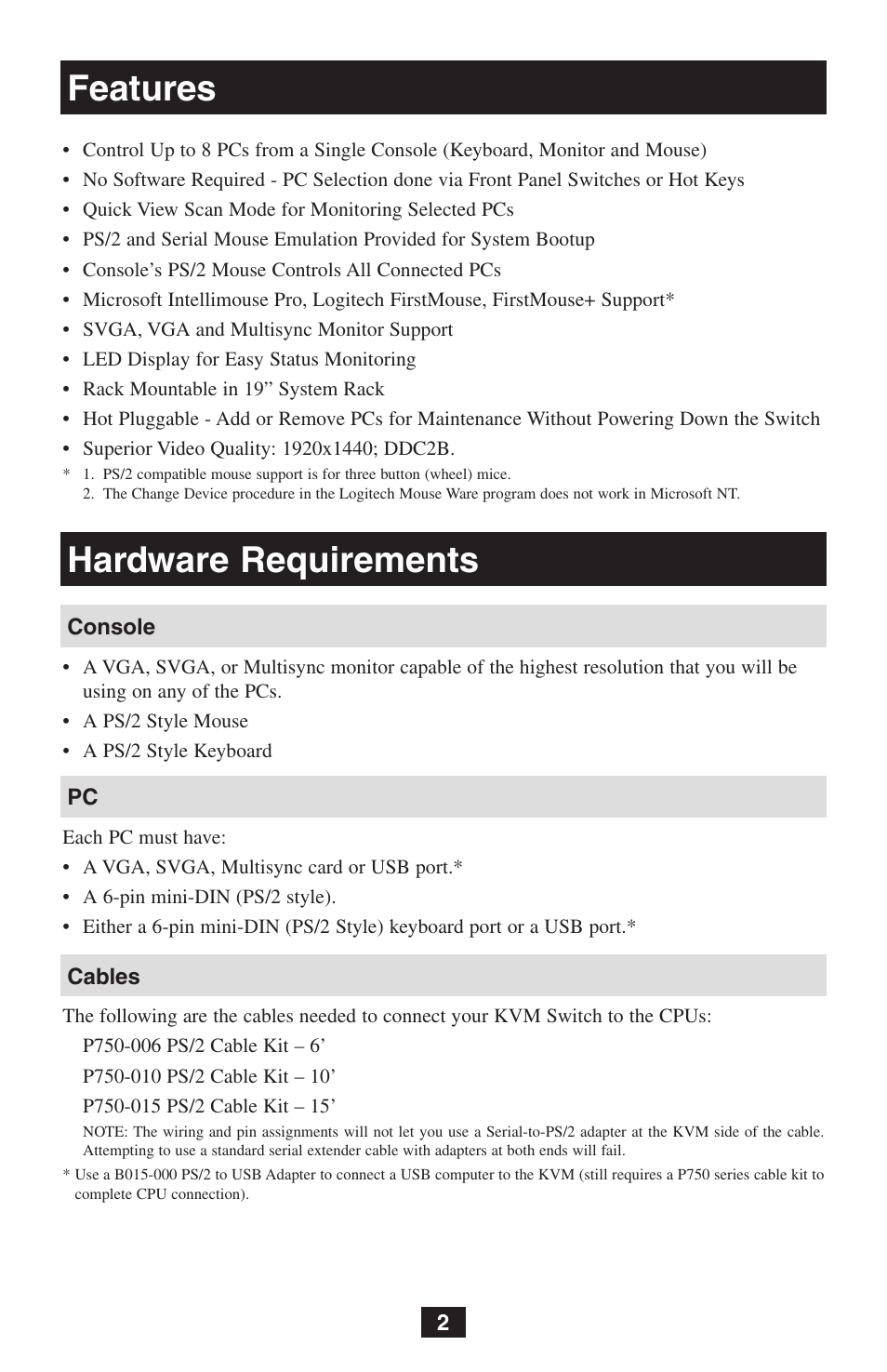 Features hardware requirements | Tripp Lite B004-008 User Manual | Page 2 / 9