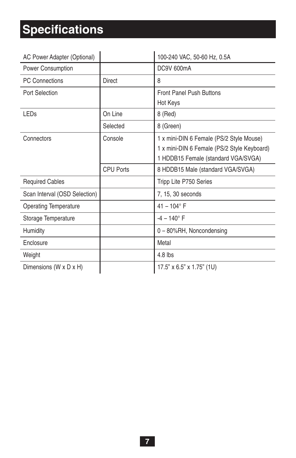 Specifications | Tripp Lite B004-008 User Manual | Page 7 / 9
